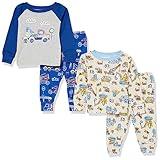 The Children's Place Baby Boys' and Toddler Long Sleeve Top and Pants Snug Fit 100% Cotton 4 Piece Pajama Set, Construction Vehicles/Tow Truck 2-Pack, 6T