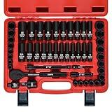 EGOFIX 3/8" Drive Impact Socket Set, 50 Piece Standard SAE (5/16 to 3/4 inch) and Metric (8-22mm) 6 Point, with Adjustable Ratchet Handle, Extension Bars, Impact Universal Joint, Adapter, Cr-V Steel