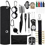 Syhood 21 Pcs Golf Club Cleaning Kit Accessories Golf Brush, Towel, Groove Sharpener, Divot Repair Tool, Ball Alignment Kit Gift for Christmas Portable Tool Kit for Men or Women(Black)