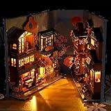 DIY Book Nook Kits, 3D Wooden Puzzles Bookshelf Insert Decorative Bookend Model Kits with LED,DIY Diorama Dollhouse Kit Crafts Hobbies Home Decor for Girls Women(Sakura Alley)