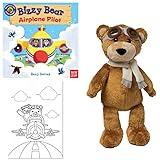 Teddy Bear Plush Toy Gift Set Includes Bizzy Bear Airplane Pilot Board Book by Benji Davies and Manhattan Toy Aviator Bear Stuffed Animal with Soft Goggles and Scarf Plus Exclusive Coloring Page