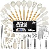 Kaluns 50 PCS Silicone Kitchen Utensils Set Complete Kitchen Set - 800°F Heat Resistant Non-Stick Premium Cooking Utensils W Wooden Handles - Can Opener, Masher, Turner, Silicone Spatula Set