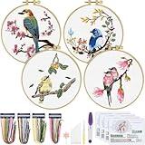 ERKOON 4 Sets Embroidery Kit for Beginners,Hummingbird and Flower Cross Stitch Set for Include Embroidery Cloth Hoops Threads for Craft Lover Hand Stitch