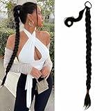 YOSILADY Long Braid Ponytail Extension with Elastic Tie Black Straight Sleek Wrap Around Braid Hair Extensions Synthetic Drawstring Ponytail for Women Daily Wear (34 Inch, Black)