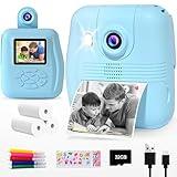 GKTZ Kids Camera Instant Print - 1080P HD Instant Print Photo - Christmas Birthday Gifts for Age 4 5 6 7 8 9 10 Girls Boys - Portable Toy with 3 Rolls Photo Paper, 32GB Card, 5 Color Pens - Blue