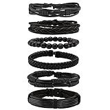 MILAKOO 6 Pcs Black Braided Leather Bracelets for Men Women Cuff Wrap Wristbands