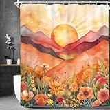 Homewelle Boho Wildflower Mountain Sunset Shower Curtain Flower Floral Sunrise Sun Watercolr Plants Daisy Leaves 60Wx72H Inch Bohemian Modern Landscape Waterproof Polyester Fabric Bathroom Bathtub