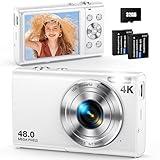 Digital Camera, Autofocus 48MP UHD 4K Vlogging Camera 16X Digital Zoom, Portable Compact Point and Shoot Digital Camera for Teens Adult Beginner with 32GB Card, 2 Batteries, Lanyard(White)