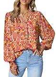 Dokotoo Womens Juniors Summer Tops 2024 Fashion Trendy Casual Dressy Fall Long Sleeve Smocked Button Down T Shirts Easel Flower Print V Neck Business Work Tunic Bohemian Floral Top Medium Orange