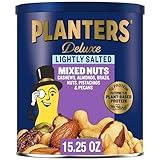 PLANTERS Deluxe Lightly Salted Mixed Nuts, Almonds, Cashews, Brazil Nuts, Pistachios and Pecans, Party Snacks, Plant-Based Protein, Quick Snack for Adults, After School Snack, 15.25oz Canister