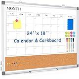 Monthly Calendar Whiteboard Dry Erase Cork Board Combo for Wall, 24" x 18" Double-Sided Calendar White Board and Bulletin Board, Portable Board for Office, Kitchen, School, Home