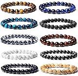 SONNYX 10PCS Tiger Eye Bracelet For Men 8MM Natural Stone Beads Bracelet Set Stretch Lava Rock Bracelets Adjustable Black Crystal Beaded Bracelet for Men Women