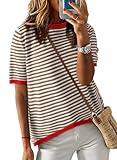 Dokotoo Tops for Women Trendy Summer Crewneck Short Sleeve Color Block Shirts for Women Fashion Knitted Top 2025 Sweaters Women's Clothing Lightweight Spring T-Shirt Brown X-Large