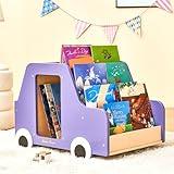 Kids Bookshelf, Cartoon Car-Shaped Wooden 5-Tier Montessori Toddler Book Shelf, Small Front Facing Baby Book Display Rack for Bedroom, Playroom, Nursery, Classroom, Nursery Childrens Book Shelves