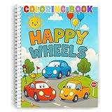 Coloring Book – Happy Wheels: Fun Vehicle Adventures for Kids – Spiral Bound, Perfect for Boys and Girls. Features Cars, Trucks, Buses & More on Wacky Roads! Thick 199 GSM Paper, Sheet Size 8.5x11 in.