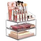 Vtopmart 3 Tier Clear Makeup Organizer with Drawer, Cosmetic Storage for Dresser Countertop and Bathroom Vanity, Beauty Holder for Lipstick Brush Skincare