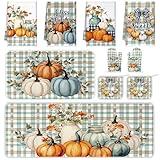 Fourluoo 10 Pcs Thanksgiving Fall Pumpkin Kitchen Decor Set Oven Mitts and Pot Holders Set Pumpkin Dish Towels Fall Kitchen Rug and Mats for Autumn Chef Baking Cooking Grilling BBQ Women Mom Gift