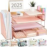 gianotter Paper Letter Tray Organizer with File Holder, 4-Tier Desk Accessories & Workspace Desk Organizers with Drawer and 2 Pen Holder for Office Supplies (Rose Gold)