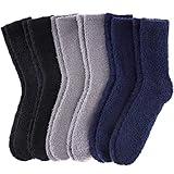 DYW Mens Fuzzy Slipper Socks Super Soft Cozy Fluffy Winter Warm Sleeping Socks (2 Black 2 Dark Blue 2 Gray,Large)