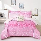 Glitter Comforter Set Full/Queen Size for Girls, Sparkle Galaxy Twinkle Starlight for Kids Teen, 2 Piece Pink Ombre Pastel Bedding Set With 2 Pillow Cases (Pink, Queen)