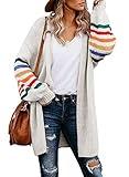 Dokotoo Women's Lightweight Balloon Long Sleeve Open Front Cardigans Loose Flowy Color Block Striped Knit Sweaters Outwear Coat Winter Clothes White M