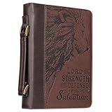 Christian Art Gifts Men's Classic Bible Cover The Lord is My Strength Lion Exodus 15:2, Brown Faux Leather, XL