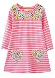 HILEELANG Little Girls Cotton Long Sleeve Casual Pink Stripe Cartoon Appliques Striped Jersey Dresses 6 Years