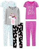 Simple Joys by Carter's Girls' 6-Piece Snug Fit Cotton Pajama Set, Black Unicorn/Blue Tortoise/Grey Heather/Pink Polka Dot, 8