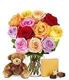 From You Flowers - One Dozen Rainbow Roses with Chocolates & Bear with Glass Vase (Fresh Flower Bouquets) Birthday, Anniversary, Get Well, Sympathy, Congratulations, Thank You