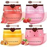 LZXLUKGIR 4PCS Lip Scrub and Mask Set,Strawberry and Honey Pot Lip Balm,Reduces Lip Lines Lip Exfoliator Scrub and Moisturizer,Repair Beebalm Lip Balm and Lip Scrub Set,Lip Mask Overnight