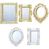 5 Pieces Miniature Dollhouse Mirror European Frame Mirror Dollhouse Victorian Baroque Wall Decor Miniature Bedroom Mini Furniture Accessory for 1/12 Dollhouse Decor, Gold and Silver