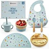 TEAMKO® Silicone Baby Feeding Set: Bamboo Baby Plate and Bowl, Bib, Utensils, Cup & Placemat - Bamboo Kids Plates - Ideal for Baby Led Weaning + Nutritional Guide