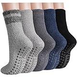 floconssy Fuzzy Socks Men with Grips, Cozy Fluffy Slipper Socks Non Slip Winter Warm Soft for Hospital Sleep Home Non Slip Thick Plush Footies 5 Pairs Grey Blue Black