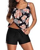 Aqua Eve Two Piece Women's Tankini Swimsuits Blouson Swim Tank Top with Shorts Modest Bathing Suits Black Floral S