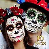 Day of the Dead Face Tattoos - 10 Pack Día de Los Muertos Temporary Face Sticker Kit Halloween Decorations Sugar Skull Costume Makeup Decor Glitter Red Roses Skeleton Full Face Mask Tattoos Temporary