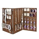 MOOCA Wall-Mountable Wooden Foldable 3-Panel Pegboard Jewelry Display Organizer with 48 Removable Black Hooks, Vertical or Horizontal Display, Ideal for Travel, Brown Color