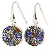 Glass Of Venice Italian Murano Glass Earrings Dangle Round Multicolor Millefiori Flower In Sterling Silver - Murano Glass Earrings For Women