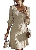 Dokotoo Womens Sweater Dresses Elegant Business Casual Outfits Work Dress Trendy Long Sleeve Dresses V Neck Knit Ribbed A Line Fall Outfits for Women 2024 Apricot Mini Dress Fashion Clothes M