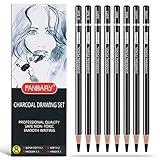 PANDAFLY Professional Charcoal Pencils Drawing Set - 8 Pieces Soft Medium and Hard Charcoal Pencils for Drawing, Sketching, Shading