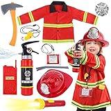 Fireman Costume for Kids, 10 Pcs Firefighter Costume with Toy Accessories Set, Fireman Role Play Outfit Toys, Kids Fireman Dress Up Clothes, Halloween for Boys Toddlers Ages 3 4 5 6 7