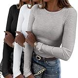 Zeagoo Womens Summer Tops 2024 Long Sleeve Stretch Crewneck Ribbed T-Shirt Fitted Casual Basic Tops 3 Pack