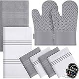 Dish Towels and Dishcloths with Oven Mitts Sets- 100% Cotton Tea Towels for Kitchen- 500 F Heat Resistant Oven Mittens 7.5"x12", Durable Dish Cloths 11.8"x11.8", Absorbent Dish Towels 13.5"x24"