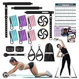 Pilates Bar Kit with Resistance Bands, Multifunctinal Exercise Bar with Ab Roller for Pilates/Abs/Weight Loss, Portable Home Gym Pilates bar kit for Full Body Training Women - Black