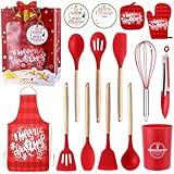 Pickmesh Christmas Gift Kitchen Utensils Set Xmas Cooking and Baking Gifts Set Include Christmas Chef Apron Oven Glove Red Kitchen Utensils Set Gift Bag Greeting Card Christmas Kitchenware Supplies