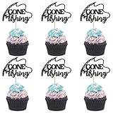 Ercadio 24 PCS Fishing Cupcake Toppers Picks Black Glitter Come To Fishing Cake Decor for Kids Boys Gone Fish Cake Baby Shower Party Summer Outdoor Fishing Party Decor
