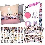 Bangtan Boys Gift Set Fur Army, Bangtan Boy Merch with 45x45 cm Pillow Cover, 1 Keychain, 1 Phone Ring Holder, 1 Lanyard, 2 Brooch Pins, 12 Stickers, 40 Bangtan Boys Photocards