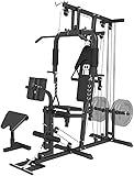 Home Gym Workout Station, Multi-Function All in One Home Gym System with Leg Extension, Leg Press and Full Body Exercise Accessories, Adjustable Plate Loaded Strength Training Machine, Black