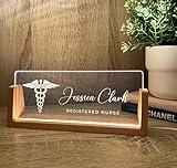 Personalized Name & Title Desk Name Plate Stand Featuring Caduceus Medical Symbol Logo Professional Work Hospital Doctor Nurse Sign Plaque LED Light Wood Holder Nameplate Office Decor Gift