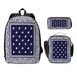 Blue Bandana Paisley Border Print 3PCS Backpack, Cute Shoulder Backpacks Lightweight Durable Laptop Bag, 17 Inch Backpack