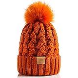 PAGE ONE Womens Winter Ribbed Beanie Crossed Cap Chunky Cable Knit Pompom Soft Warm Hat Orange